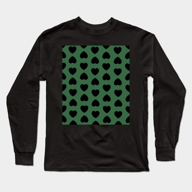 Black Hearts Pattern on a Green Background Long Sleeve T-Shirt by OneThreeSix